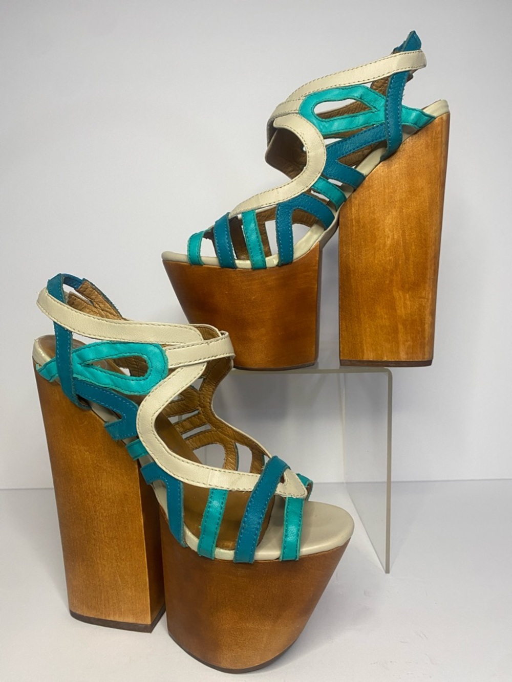 🔥 Jeffrey Campbell Havana Last Platform Heels Teal Cream Wood Size 5.5